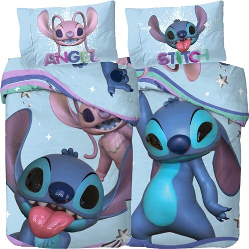 Disney Lilo & Stitch sängkläder, ängel & Stitch 135 x 200 cm + 80 x 80 cm, 100 % bomull, förstärkt linon, kvalitet, vändmotiv, barnsängkläder, mjuk, ventilerande, gåva