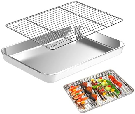 Bandeja de Hornear de Acero Inoxidable,Bandejas Antiadherentes de Acero Inoxidable Cuadradas con Rejilla de Enfriamiento - Rejilla para Enfriar Repostería | para Cocina, Barbacoa, Exterior,