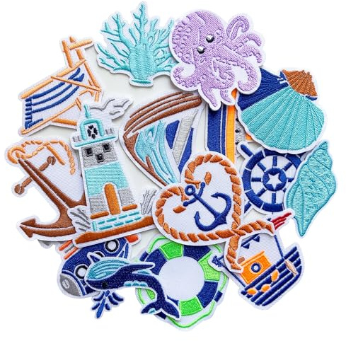 15 parches costeros para planchar, parches bordados de vida marina costera, parches para planchar de vaquera costera, para ropa, chaquetas, vaqueros, bolsos, sombreros, camisetas
