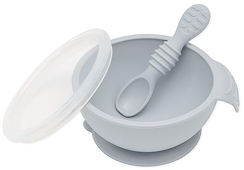 Bumkins First Feeding Set - Bowl With Suction Base, Lid, Spoon, Baby Led Weaning, BPA-Free, Microwave/Dishwasher/Freezer Safe, 100% Silicone, Grey