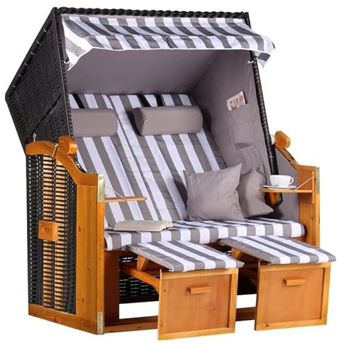 MR. DEKO® Strandkorb Ostsee Volllieger 2-Sitzer | PE Geflecht Schwarz Bezug Uni grau | inkl. 4 Kissen & Klapptisch | Strandstuhl verstellbar | Strandkörbe Hartholz Fußablage (Dessin Grau Weiß)