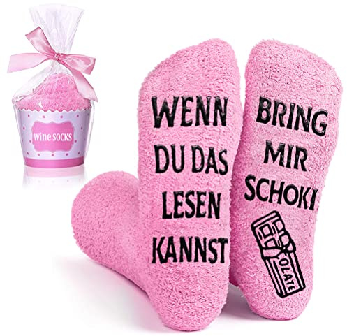 Divertidos calcetines regalos para mujeres, divertidos calcetines de peluche para mujer con texto en alemán WENN DU DAS LEER KANNST BRING MIR SCHOKI regalo de cumpleaños de San Valentín, talla grande
