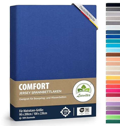 leevitex® Premium Spannbettlaken 90x200-100x220 cm - 40 cm Steg - auch für Boxspringbett & Wasserbett | 100% Mako-Jersey-Baumwolle | ÖKO-TEX | 170g/m² | Royalblau/Königsblau