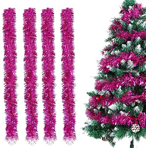 Bluelves Guirnalda de Oropel Navidad, 4pcs Espumillon Arbol Navidad, 2m Espumillón de Navidad, Oropel Navidad, Espumillon Decoración para Fiesta Árbol de Navidad (Rosa Roja)
