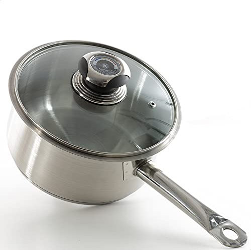 Kerafactum Sauteuse Kapselboden Kasserolle Stielkasserolle mit Kaltgriff | PROFI Induktion Kochtopf mit Stiel Edelstahl Stieltopf Ø 16 cm | 1500 ml Schüttrand Backofenfest & Topfdeckel Thermometer