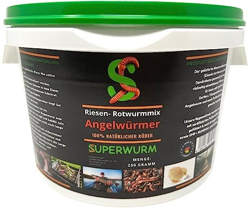 Angelwurm-Mix 250g (ca.300 St.) - Der Riesen-Rotwurmmix mit lebenden Angelwürmern I Angelwürmer für ein erfolgreiches Angelerlebnis mit hoch aktiven Lebendköder, Laubwurm, Dendrobena, Rotwurm