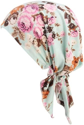 Women Chemo Beanie Scarf Soft Turban Cap Floral Head Wraps Cotton Fabric Head Wear Alopecia Bandana Head Cover (Mint Green Floral)