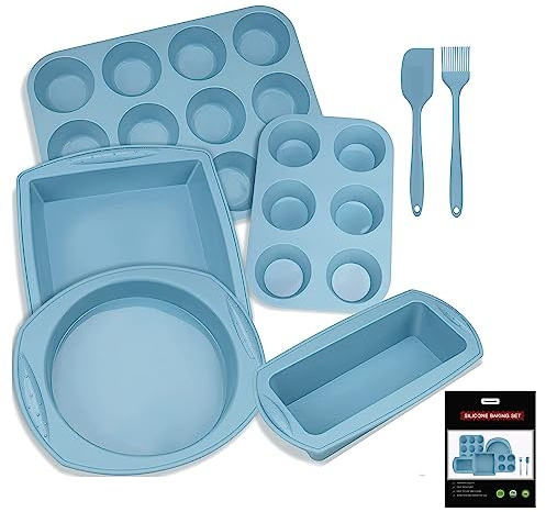 Hansanti 7in1 Silicone Bakeware Baking Set, Kitchen Bake Pans Molds Tray for Oven with BPA Free Round/Square Cake Pan, Loaf Pan, Muffin Pan for Bread Pizza Cheesecake Cupcake Pie Desserts