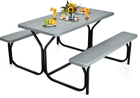KOMFOTTEU Bierzeltgarnitur, Gartengarnitur mit 1 Tisch & 2 Bänke, Festzeltgarnitur mit Metallrahmen, Gartenmöbelset 136,5 x 149 x 72 cm, Sitzgarnitur für Terrasse, Garten, Pool