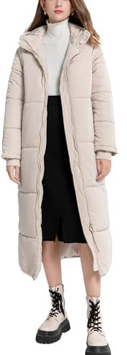 Sukany Women's Winter Hooded Long Quilted Coat Maxi Length Puffer Jacket Warm Zip Up Long Sleeve Padded Coat Thick Outerwear Apricot XL