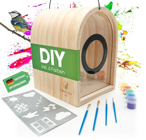 TWOCOZY Vogelhaus zum Bemalen | DIY Bastelset für Kinder mit Schablonen, Wasserfesten Acrylfarben & Pinsel | Vogelfutterhaus Wetterfest inkl. Vogelheft & Quiz