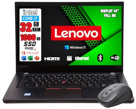 Lenovo GREEN EDITION T490s, Pc portatile Intel Core i7-8th Pronto All'Uso office 365, Notebook Con Display HD da 14, Ram 32Gb, SSD nvme1Tb, Garanzia Italiana con mouse wireless in omaggio