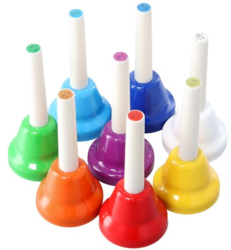 CHUENHEI Lot de 8 cloches à main, 8 notes colorées, cloches diatoniques en métal - Cloches musicales colorées - Pour festival, cours de musique