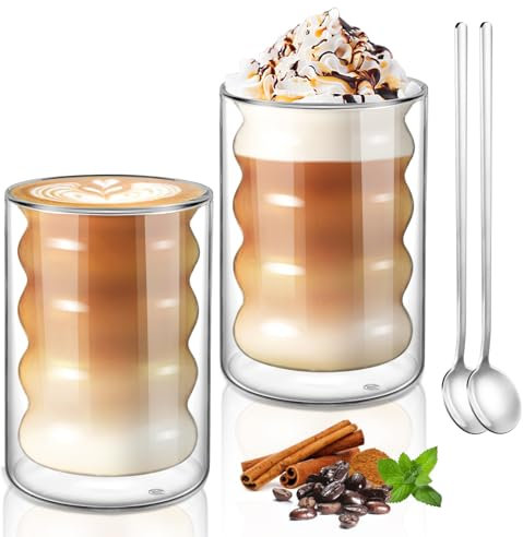 ecooe Taza de Café de Cristal 350ml Vasos de Doble Pared Juego de 2, Tazas de Té para Café, Leche, Latte, Macchiato, Regalo de Cumpleaños Para Padres Amigo