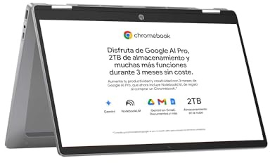 HP Chromebook x360 - Ordenador portátil de Google 14 FHD (Intel N100, 4GB RAM, 128GB eMMC, ChromeOS) + Suscripción Google AI Pro con Gemini Pro y 2TB de almacenamiento durante 3 meses -QWERTY Español