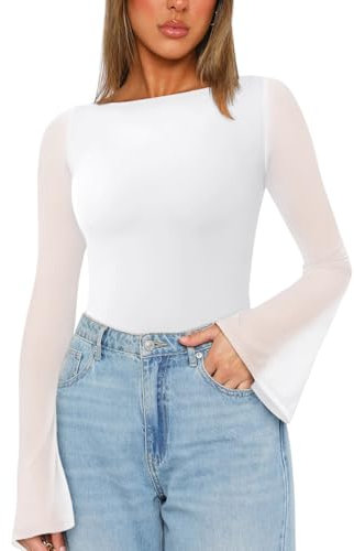 REORIA Women’s Fashion Sexy Boat Neck Classy Bell Sleeve Double Lined Sheer Mesh Cute Night Out Bodysuit Tops For Party White X-Large