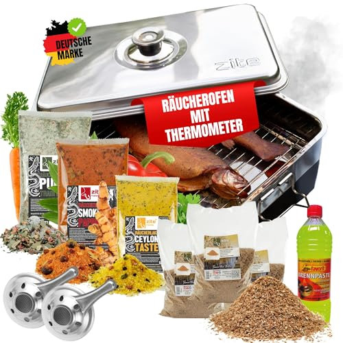 Juego de horno de ahumar de mesa con accesorios, con termómetro, pasta de combustión, listo para usar, pescado, más asar y ahumar, serrín y salmuera para ahumar