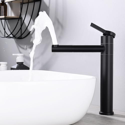 Homelody tvättställsblandare hög med 360° vridbar pip och kropp – rostfritt stål vattenkran badrum med 215 mm utloppshöjd – handfat enkelspak blandare svart matt för övre handfat