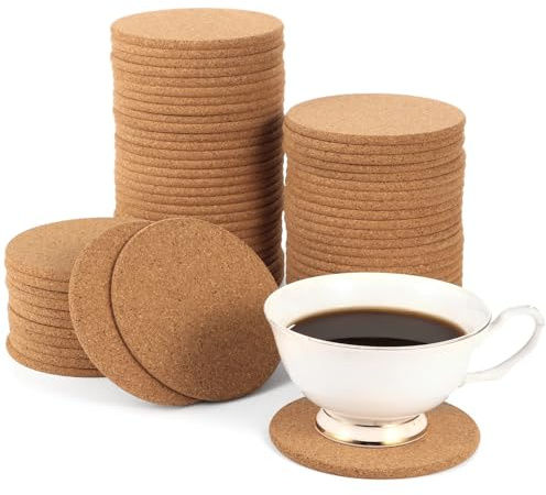 YOFAPA 100 Pcs Cork Coasters for Drinks, 3.9 Round Tea Coffee Mats, Absorbent Heat-Resistant Corkboards, Reusable Wood Table Mats for Wine Glass, Coffee Cup, Blank Cork Coasters for DIY Crafts