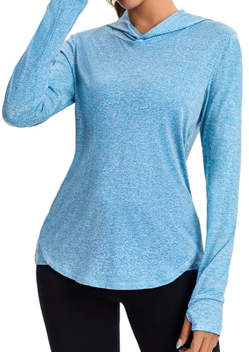 Gyabnw Camiseta Deportiva Manga Larga para Mujer con Capucha Protección Solar Espalda Reflectante Camiseta Fitness para Mujer Tops con Agujeros para el Pulgar para Correr, Yoga, Gimnasio