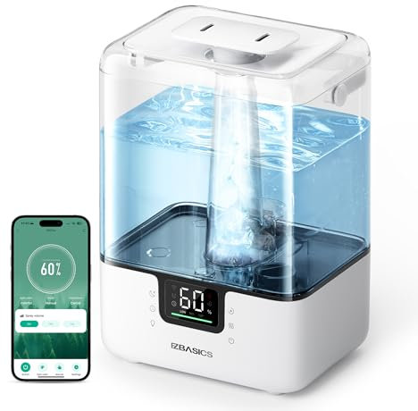 EZBASICS Smart Luftbefeuchter, 6L Top-Fill Luftbefeuchter Schlafzimmer, 360° Drehbare Düse Humidifier & Aroma Diffuser für Kinderzimmer Pflanzen, Programm & Sprachsteuerung, 1 Pack+7 Nachtlampen