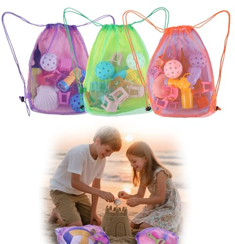 lasuroa 3pcs Beach Toy Bags, Mesh Drawstring Backpack for Sand Toys Seashell Lightweight Durable Kids Shell Collecting Bag for Sandbox Vacation Essentials Outdoor Play (3 Colors)