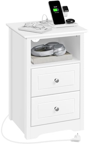 Yaheetech Nachttisch mit Steckdoese und USB-Aschlüssen Beistelltisch Holz 2 Schubladen Nachtschrank Boxspringbett Nachtkommode mit 1 offenes Fach Sofatisch für Wohnzimmer Schlafzimmer, Weiß