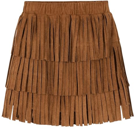 Happy Cherry - Jupe western vintage pour fille - Jupe pour enfant - En daim synthétique - Avec franges - Pour carnaval, festival, école - Avec pompons - Taille élastique - Pour printemps, automne