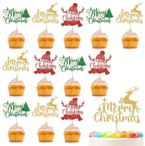 KASESSS Lot De DéCoration GâTeau NoëL, DéCoration Gateau Cupcake Avec Motifs D'Arbre, De Cerf Et De Chapeau Et Merry Christmas Cake Topper, DéCorations Cupcakes Pour FêTes Le ThèMe De NoëL