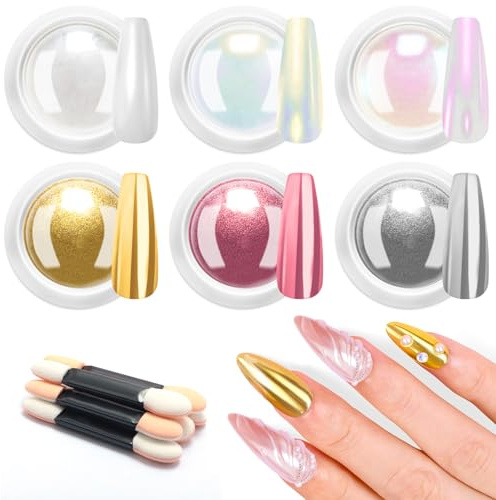 Lot de 6 poudres à ongles effet miroir métallisé doré chromé, poudre à ongles chromée Aurora super irisée, poudre à ongles chromée nacrée, kit de poudre scintillante pour la décoration des ongles à la
