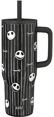 Zak Designs Disney Tim Burton's The Nightmare Before Christmas Sutton Travel Tumbler for On the Go, 30oz Stainless Steel with Vacuum Insulation and Silicone Straw for Cold Drinks (Jack Skellington)