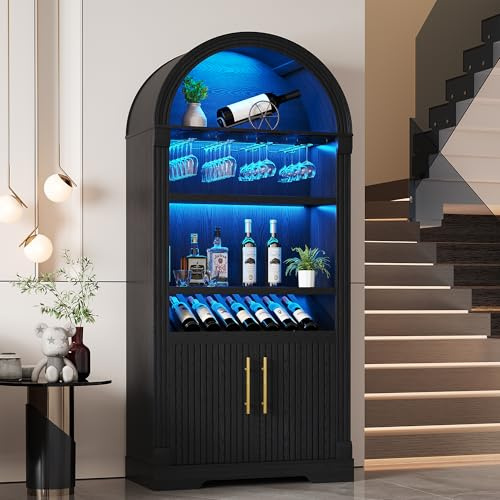 LVSOMT LED e Vinskåp i trä, 180 cm Barskåp Modern, 3 Färgers Ljus, 4 Rader Rödvinsglas Hylla, 2 Dörrar Förrådsskåp, Vinskåp för Kök Matsal Vardagsrum, Svart