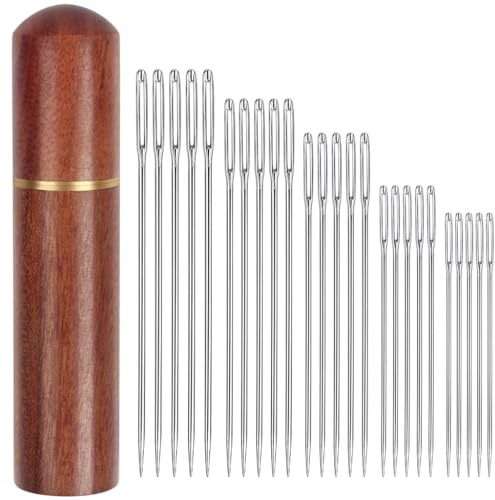 XYGK Large Eye Sewing Needles, 25 Pcs Stainless-Steel Embroidery Needles with a Sandalwood Case, 5 Size Sharp Yarn Needles for Hand Sewing, Darning, Knitting, Cross-Stitch and DIY Crafts