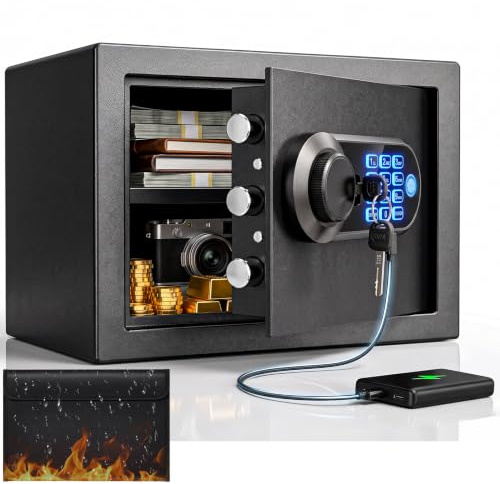 25L Small Biometric Safe Box with Fireproof Bag, Fingerprint Home Safe | Digital Money Safe with USB Type-C Port and Emergency Keys, Wall Safe for Home Office Hotel Cash Jewelry, 25Hx35Wx25D