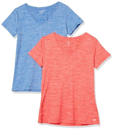 Amazon Essentials Women's Active Quick Dry Tech Stretch Short-Sleeve V-Neck T-Shirt (Available in Plus Size), Pack of 2, Coral Orange Space Dye/Light Blue Space Dye, M