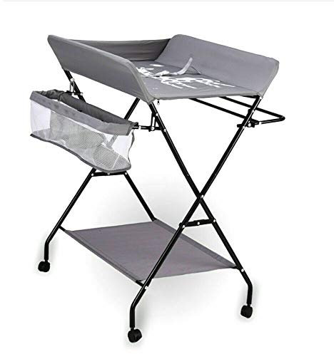 Wickelkombination - Klappbarer Wickeltisch, Mobiler Wickeltisch mit Wickelauflage, Sicherheitsgurt und Ablagefächern, Platzsparende und Stabile Punkte Grau + Mit Rädern
