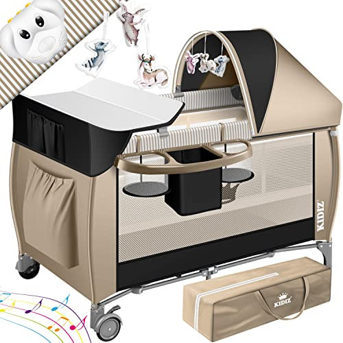 KIDIZ® Lit pour bébé | Lit de voyage 3 en 1 | Set de lit pour bébé avec matelas à langer combiné | Avec moustiquaire | Parc pour bébé de la naissance à 15 kg, pliable, noir/beige