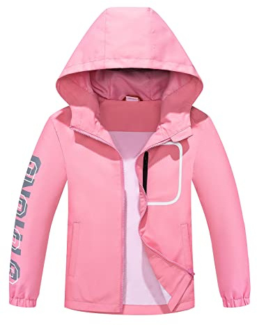 ALXHUTE Boys Girls Waterproof Rain Jacket, Kids Lightweight Raincoat Windbreaker with Hood Pink UK:11-12 Years (manufacturers's size: 150)