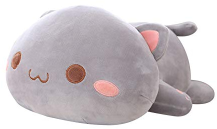 Uposao Peluche Chat Kawaii, allongé, 50 cm, Jouet en Peluche, Coussin en Peluche, Coussin en Peluche, Cadeau pour bébé, Enfant, Fille, garçon, Gris, Sourire
