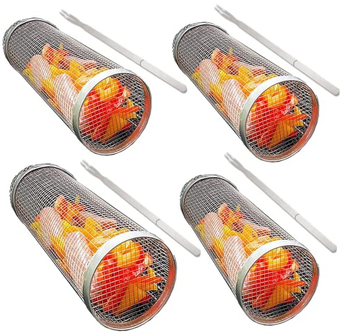4 stycken rullande grillkorg Cylindrisk grillkorg i rostfritt stål med grillgaffel, BBQ grillrulle Grillkorg Grillställ Grillning av grönsaker, fisk, kött Grillkorg Cylinder (4 stycken, L (30 cm))