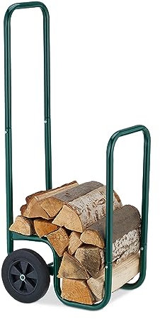 Relaxdays Carro para Leña con 2 Ruedas, Leñero Rondante para hasta 60 kg, Carretilla Transporte Troncos, Acero, Verde, Caucho, 109,5 x 41 x 45 cm