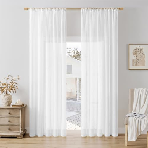 Softalker Gardinen Stangendurchzu Vorhänge Weiß in Leinen-Optik Voile Vorhang Durchsichtig Gardine schal 200 cm Hoch für Schlafzimmer Fenster Vorhang 140 cm Breit, 2er Set