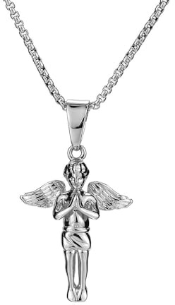 CikSco Stainless Steel Guardian Angel Pendant Necklace for Women Men 18K Gold Plated Angel Baby Hip Hop Necklace Jewelry Gift with 24 Inch Chain (Silver)