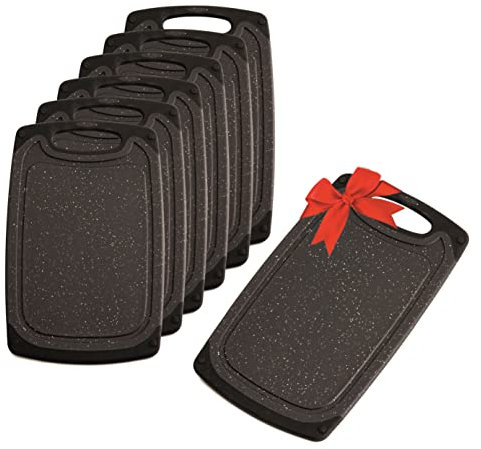 KPYTO Frühstücksbrettchen 6er Set + 1 Brettchen gratis, 25 x 15 cm, Schneidebrett Set, beidseitig, rutschfest mit Saftrille, schwarze Brettchen, Brotzeitbrett