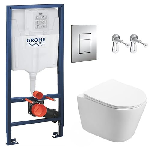 WC Suspendu Pack Complet Accessoires - Pack WC Grohe Bâti-support, WC SAT Infinitio sans bride, fixation invisible, Plaque chrome, Abattant WC,Cuvette Toilette, Chasse d'eau Wc, Mécanisme