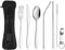 7PCS Cubiertos Camping de Acero Inoxidable, con Cuchillo, Tenedor, Cuchara, Aabrebotellas, Pajitas, Cepillar,Bolsa de Cubiertos,Juego de Trabajo Cubiertos para Exteriores Viajes Camping