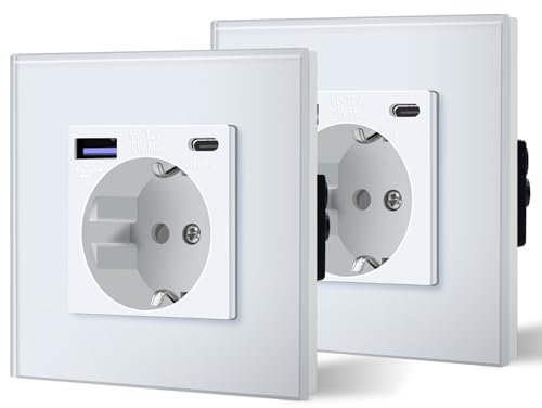 BSEED Enchufe Pared con 20W USB y Tipo C,Enchufe USB C de Cristal,Carga Rápida,3 en 1，Fácil Instalación,1 Enchufe-2 Pack,86mm Blanco