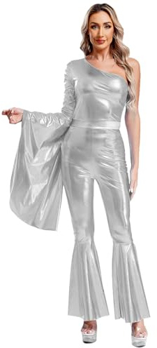 Jugaoge Damer 70-tals disco danskostym, one shoulder, långärmad bodysuit, utsvängda klockor, ärmar och ben, glänsande metallisk jumpsuit, danskläder