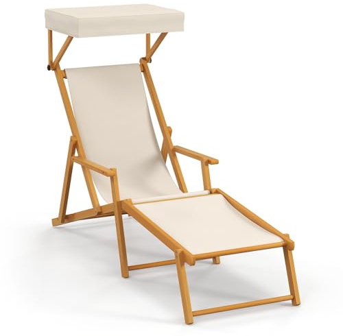 KOMFOTTEU Chaise Longue avec Pare Soleil, Transat avec Dossier réglable, Cadre en Bois de Bouleau, Bain de Soleil avec Repose-Pieds réglables, 170 x 62 x 123-140 cm, pour Plage, Terrasse, Jardin