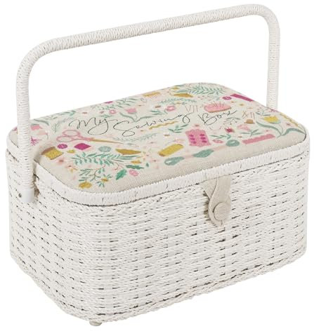 Hobby Gift Oval Sewing Box – Large, Cotton Linen Look, Embroidered ‘My Sewing’ Design, Wicker Sides & Handle, Internal Tray, Pocket & Pincushion, Stylish & Practical Sewing Storage, 23.5 x 31.5 x 16cm